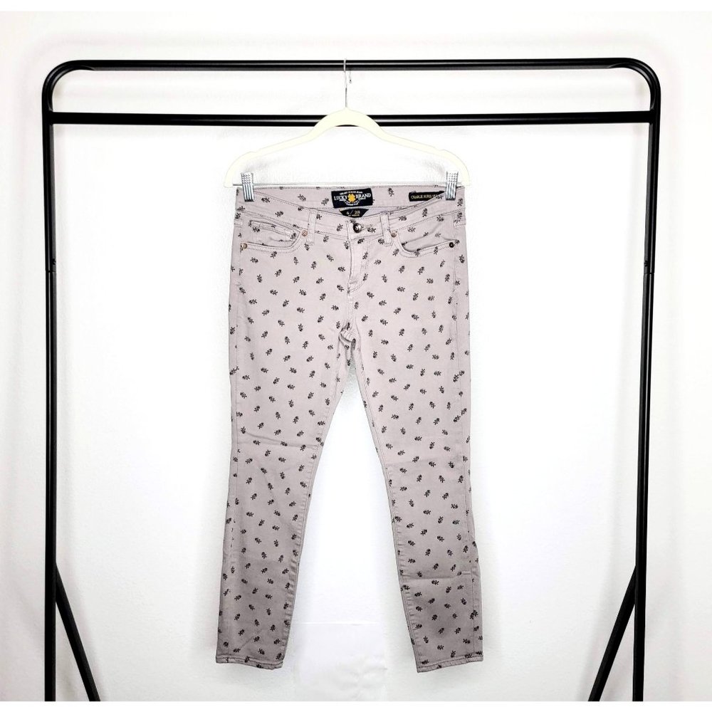 Lucky Brand Charlie Super Skinny Gray w/ Black Skull & Crossbones Print Jeans